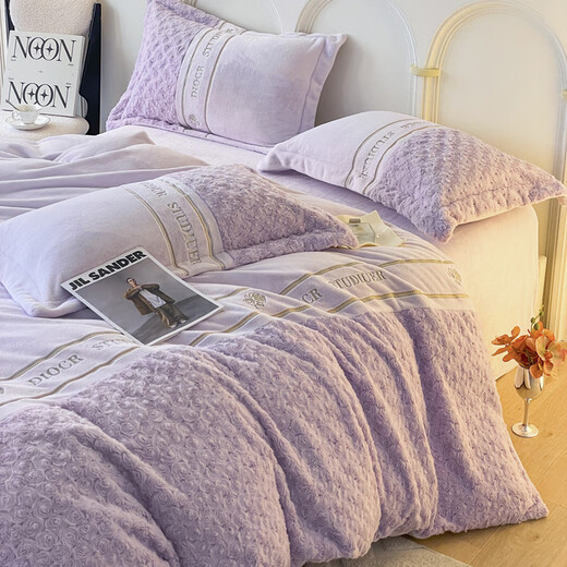 Mercury Series French Winter Warm Milk Velvet Four-piece Set Princess Style Rabbit Plush Quilt Cover Coral Velvet Sheets Style Bedding Non-static Milk Velvet-Purple 1.8m Sheet Style Four-piece Quilt Cover 200x230cm