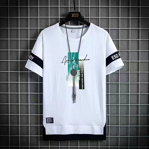 gxmy冰丝短袖T恤男士圆领印花夏季衣服男装潮牌ins青少年打底体恤衫 866白色方块 L 110-120斤