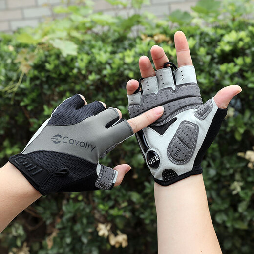 CAVALRY Bicycle Silicone Half Finger Gloves Summer Outdoor Sports Fitness Gloves Men's and Women's GEL Short Finger Mountain Bike Road Bike Shock Absorbing Perspiration Gloves Cycling Equipment Black Gray L