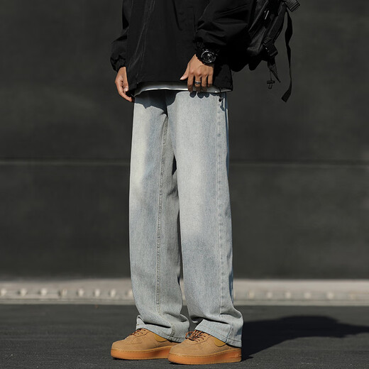 Foss Phil Retro Smoke Grey Jeans Herren Frühling und Sommer American High Street Trend Straight Big-Sports und Casual Long Hosen Trendy Brand 718-K870 Hellblau L [Empfohlen 130-145jin [Jin gleich 0,5 kg]]]