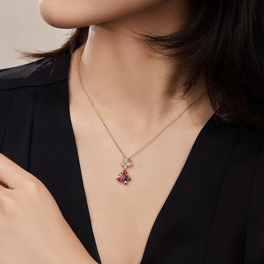 Happy diamond 18K rose gold tourmaline pendant female colored gemstone necklace butterfly colorful treasure clavicle chain for girlfriend birthday gift 1 carat tourmaline + secondary diamond 8 points - ready stock