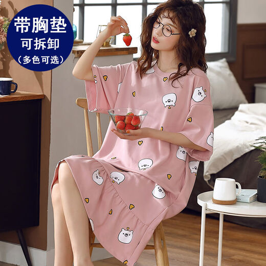 Nightgown with breast pad for women for summer cotton short sleeves plus fat plus size 200 Jin [Jin equals 0.5 kg] No wear bra to wear pajamas FY-6624 L-Breast pad (95-110 Jin [Jin equals 0.5 kg])