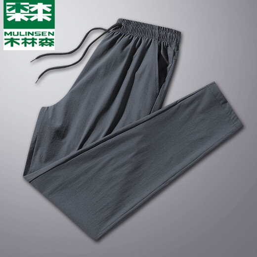 Mulinsen sweatpants men's summer thin loose straight casual pants men's autumn and winter plus velvet thickened warm trousers loose plus size youth outdoor running wardrobe pants men 719 black tying feet (regular) L