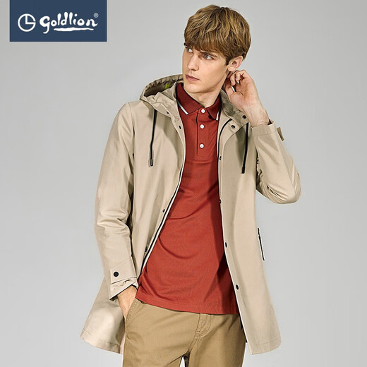 Goldlion Outlet Men's Spring and Autumn Windproof Stylish Drawstring Waist Mid-Length Hooded Men's Windbreaker Jacket 69-Khaki 3XL