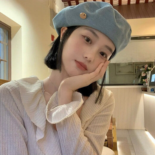 圣喜安牛仔贝雷帽女夏季韩版百搭显脸小蓓蕾画家帽网红大头围帽子ins潮 浅蓝;  尺码:M(56-58cm)