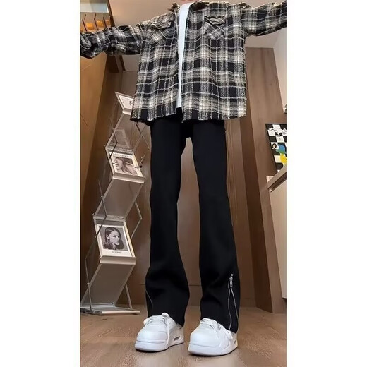 Männliche figure schwarze Seite Reißverschluss Jeans Herbst und Winter Casual Hosen Herren-amerikanische Hauptstraße Nippe No-Beine leicht ausgestellte Hosen Y9216 Schwarzer regulärer XL