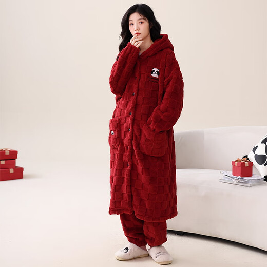 猫人睡袍女睡衣睡裙秋冬款冬季加厚加绒保暖珊瑚绒长款大码家居服 M6195 M ( 建议70-95斤)