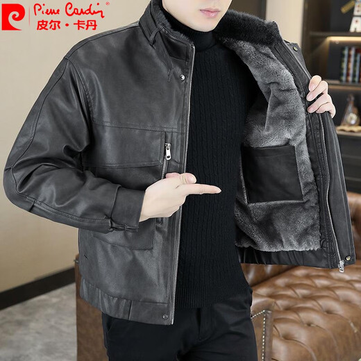 Pierre cardin winter youth leather jacket for men plus velvet thickened leather jacket handsome leather jacket fur one-piece jacket cold winter clothing Khaki 2XL (suitable for 135-150Jin [Jin equals 0.5 kg])