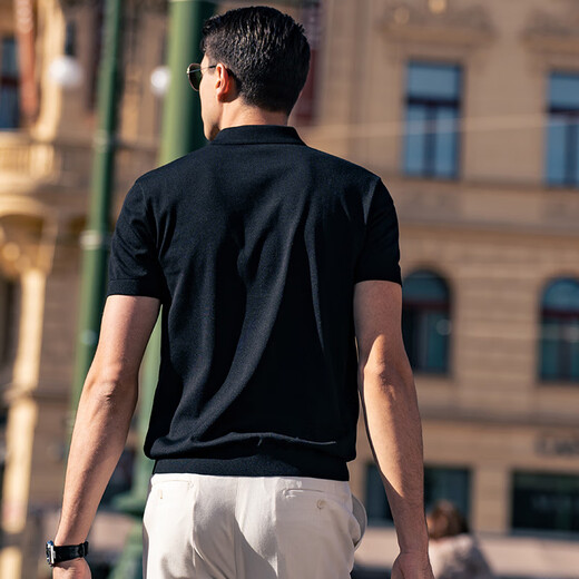 布先生翻领短袖羊毛t恤男时尚高级可机洗针织衫上衣 钢琴黑 L/175 