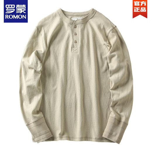 ROMON autumn and winter new American casual henley shirt men's retro simple versatile solid color daily long-sleeved T-shirt base gray L