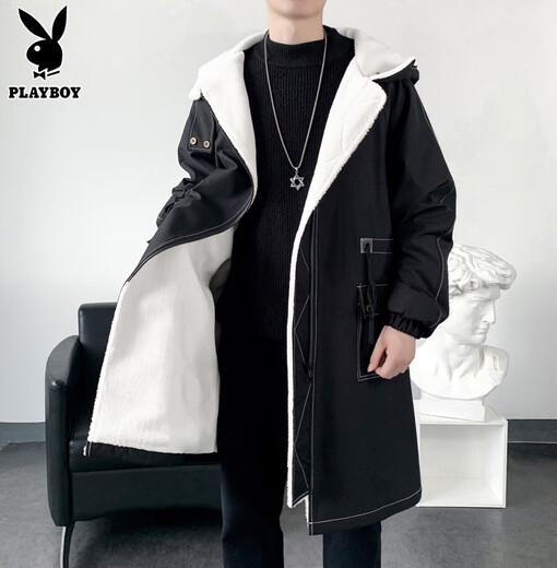 Playboy (PLAYBOY) windbreaker men's mid-length spring and autumn new high-end authentic trendy coat jacket men's hooded loose top men Z-401HHF262 black plus velvet L