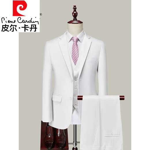 Pierre Cardin high-end suit suit for men pure white groomsmen and groom wedding dress Korean version slim three-piece suit two-button white suit + trousers + shirt + vest + L 175 Weight 125-140 Jin Jin equals 0.5 kg