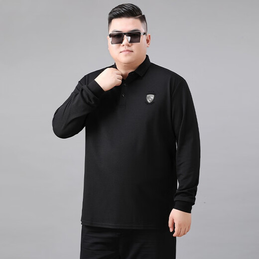 Fat big-size men's autumn and winter long-sleeved T-shirt loose lapel middle-aged men 300 Jin [Jin equals 0.5 kg] Add fat fat man plus velvet polo shirt <11980 models> Spring and autumn style/black 7XL recommended weight 240-250