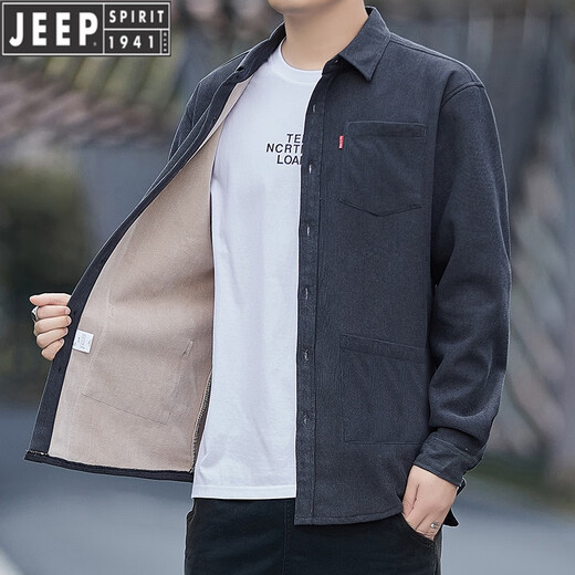 JEEP corduroy shirt men's spring, autumn and winter new solid color non-iron plus velvet thickened shirt middle-aged and elderly warm tops for men Oatmeal corduroy warm 688 plus velvet XL recommended 130-150Jin Jin equals 0.5 kg