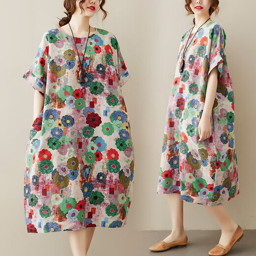 Jiandang Summer Plus Size Damen Loose Slim Dress Literarischer und westlicher Stil Retro Kurzarm Fleischbedeckender mittellanger Rock XR686 5612 Blumen One Size 130-185Jin Jin entspricht 0,5 kg