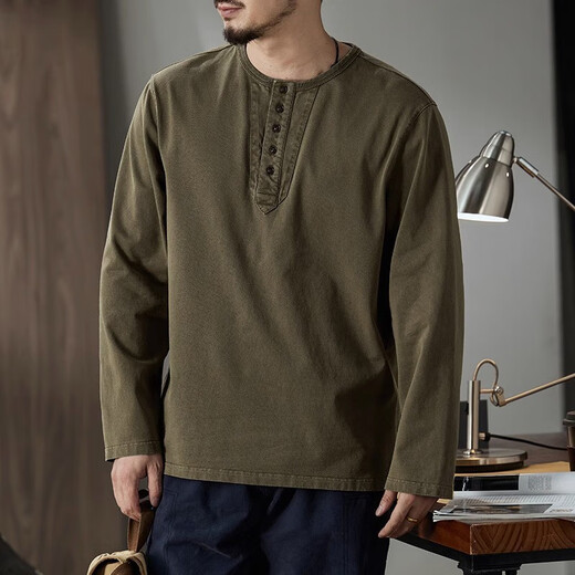 Hou Teng American Henley Collar Long Sleeve T-Shirt Men's Loose 2025 Autumn Undershirt Men's Retro Casual Top Men Mocha Brown XL (140-155Jin Jin equals 0.5kg)