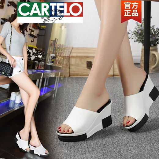 卡帝乐鳄鱼（CARTELO）高档拖鞋外穿百搭真皮坡跟防水台高跟凉鞋松糕厚底一字平底凉拖鞋 黑色 38