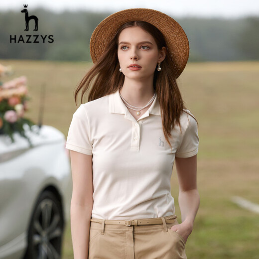 HAZZYS women's spring and autumn polo collar solid color fresh fashion T-shirt ASTSE03BF01 beige OW160/84A38