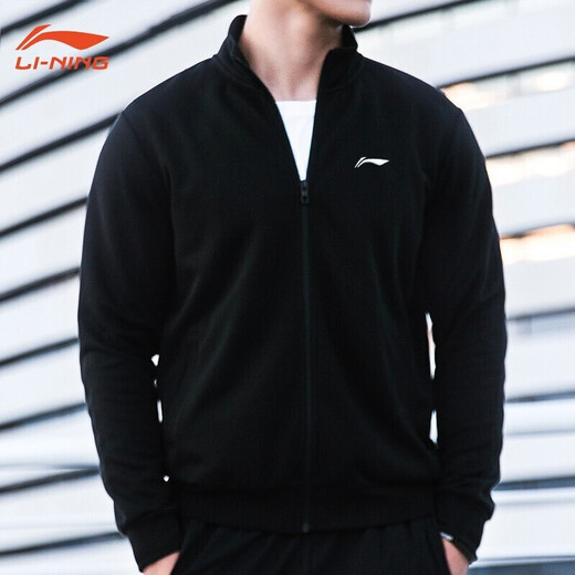 Li Ning (LI-NING) Jacket Men's Spring and Autumn Sweater Sports Men's Cardigan Loose Sports Knitted Top Casual Men's Fitness Casual Wear Basic Black (Stand-Collar) L