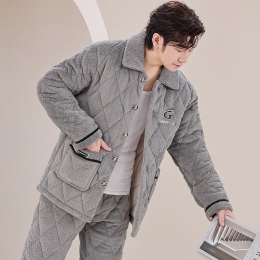 MODAL-Herren-Pyjamas im Winter Dreischicht verdickte Baumwolljacke Flansch Korallen Samt Hauskleidung warmes Set dunkelbrauner M6627 L [95-120jin [Jin gleich 0,5 kg]] Dreischichtig eingedickte verdickte
