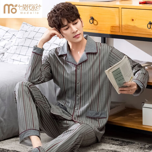 
Modal men's pajamas spring and autumn long sleeves set pure cotton youth loose plus fat size cotton autumn thin home clothing 9905 M