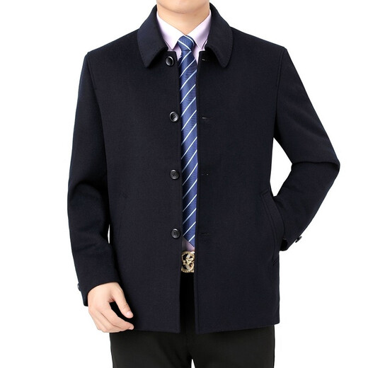 Pierre Cardin Cashmere Coat Men's New Middle-aged and Elderly Dad Solid Color Wool Wool Coat Men's Wool Coat Men (2021 Style) Blue Black (Exposed Button) Short L (175) Suitable for Weight 125-140Jin Jin is equal to 0.5 kg