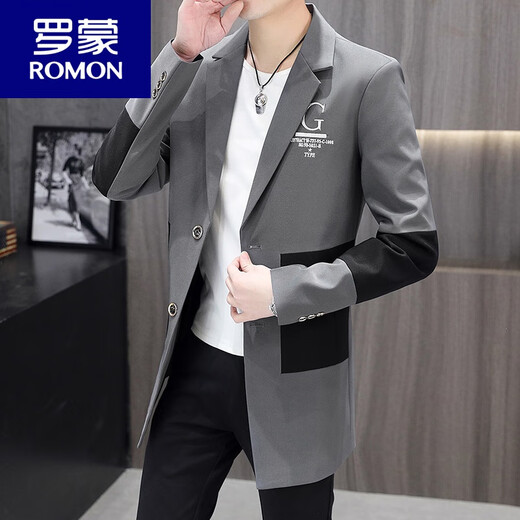 ROMON mid-length windbreaker for men spring and autumn 2026 new spliced ​​casual jacket Korean style trendy slim fit handsome black 209 spliced ​​mid-length 2XL