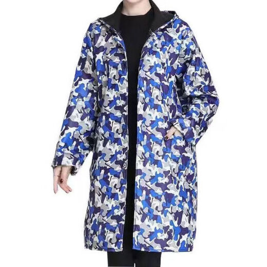 Guiren Xiong velvet thickened smock, warm coat, men's and women's work clothes, waterproof and oil-proof camouflage long coat, kitchen long-sleeved labor insurance suit, blue floral (with hood), large size (160-200)