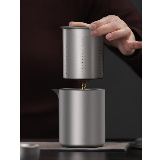 Touchmiss Pure Titanium Qingyue Travel Water Set Portable Double-layer Quick Cup Portable Outdoor Tea Making Camping Cup One Pot Three Cups (Master Cup + Color Tea Cup x2) + Tea Can