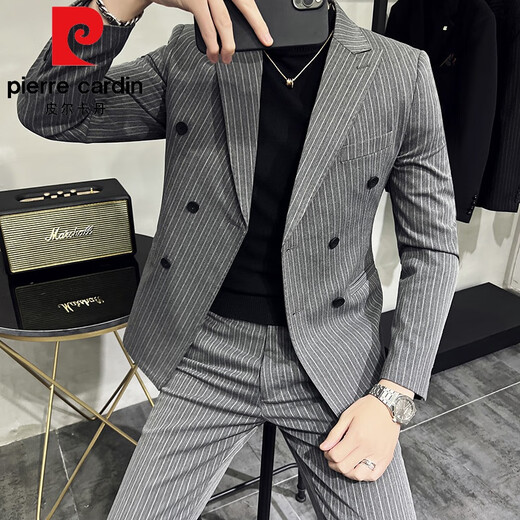 Pierre Cardin fashion brand double-breasted suit men's suit wedding business casual formal dress two-piece striped suit jacket gray 52/XL