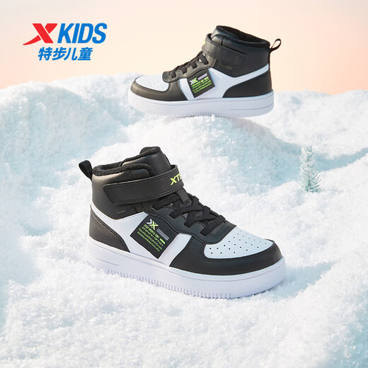Xtep children's cotton shoes leather surface moisture-proof and stain-resistant high-top sneakers warm and comfortable Velcro high-top sneakers black/new white 31