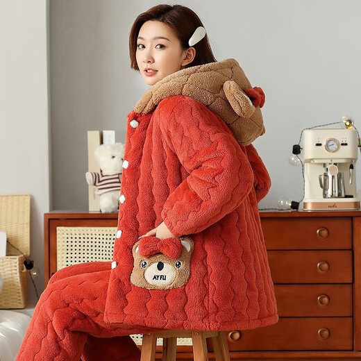 Modal pajamas for women in winter thickened and plush three-layer cotton coral velvet keep warm and hooded new home clothing set 6630 red 2XL 140-160Jin [Jin equals 0.5 kg]