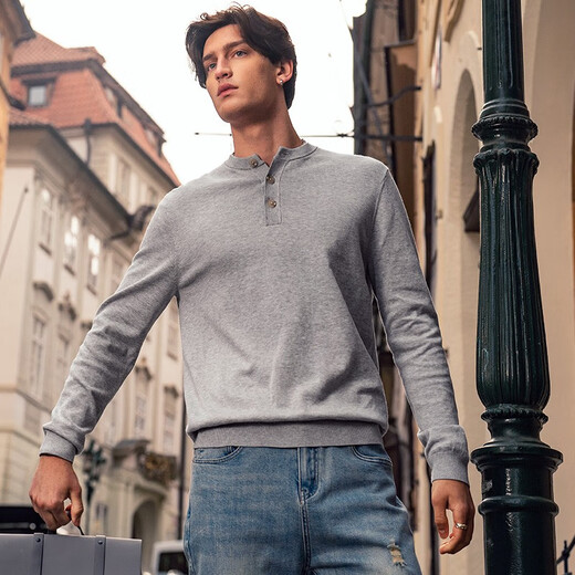 Mr. Bu Henry collar pure cotton sweater long-sleeved men's 2023 spring and autumn new retro casual men's wear BT12255 light gray 2XL (185)