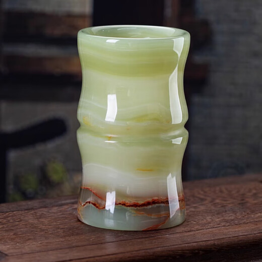 Qintinglanjing Natural Jade Largegröße Pinselhalter Ornament Study Office Dekoration Geschenk Chinesischer Stil Herren-Promotion Geschenk Bambus Flasche Stifthalter mit Messingbasis-B12802