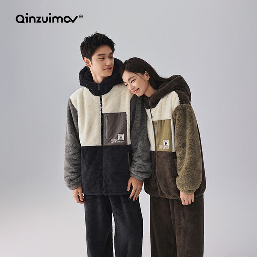 Kissing Cat Soft Velvet Autumn and Winter Couple Pajamas Women's Warm Thickened Men's Suits Home Clothes Can Be Weared Outside 4704 Elegant Gray Men's Style L