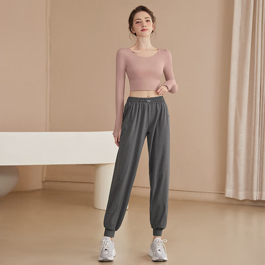 Youyou Yoga Wear Women's New Autumn and Winter Fitness Wear Long Sleeve Suit High-end Sportswear Pilates J32030CG Light Pink Top Fixed Cup + Gray Sports Pants XL