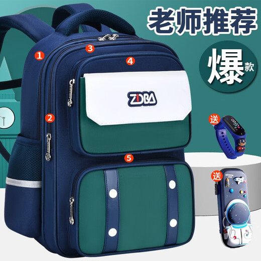 DR Mickey's 2025 new school bag for primary school students in grades 1, 2, 3 to 6, lightweight, large-capacity waterproof children's backpack, large sapphire blue and green (鎹 3D pencil case + watch) No Specifications