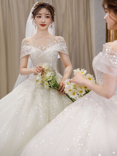 Orihime Hochzeitskleid 2025 neuer Stil des Brauttemperaments, Vollland-Haupthandschuhe dicke Arme Einschuldes Schwanz-Hochzeitskleid Prinzessinstil, Volllandstil + Rock + Schleier 3xl Größe mehr als 130 Jin [Jin gleich 0,5 kg]