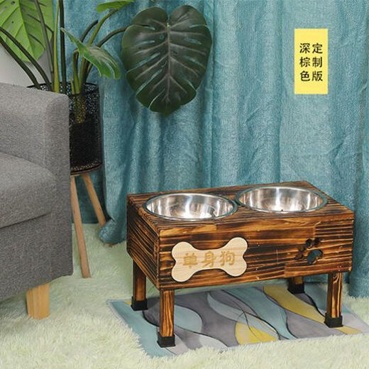Huameilong Dog Bowl for Medium and Large Dogs Double Bowl Golden Retriever Solid Wood Frame Stainless Steel Anti-Tip Dog Bowl Dog Bowl Rack Fixed to Protect Cervical Vertebra Carbonized DIY Engraving Model
