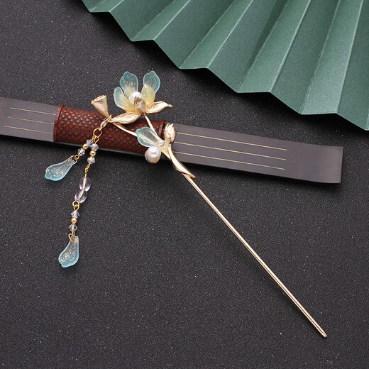 Hanfu hairpin removable long tassel metal lotus step shake lotus hairpin for women's hair super fairy hairpin lotus hairpin blue one