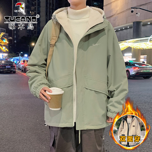 Woodpecker reversible sherpa jacket for men 2025 autumn and winter plus velvet thickened cotton coat men's jacket top loose cotton coat 05 black reversible XL about 135-150Jin Jin equals 0.5kg can be worn