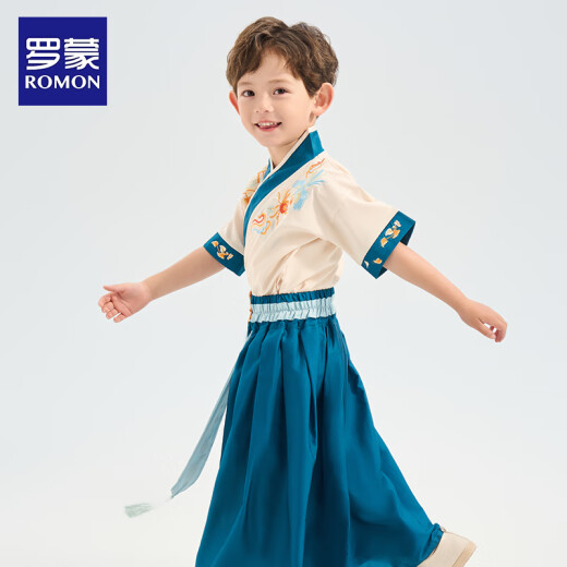 罗蒙汉服男童2025夏款古风古装中国风演出服儿童唐装 花青色 150