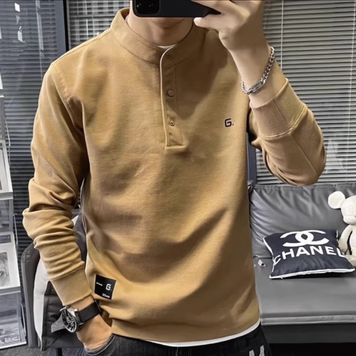 Kuraishi Kazuki American Henley collar long-sleeved T-shirt for men spring and autumn high quality handsome plus velvet casual bottoming top mustard yellow XL