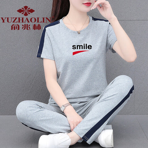 俞兆林 妈妈装夏季薄款运动套装女2024年新款装时尚夏装休闲棉短袖两件 宝蓝 [九分裤套装]WK695 M (建议80-95斤)