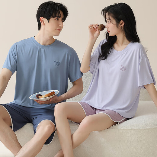 莫代尔情侣睡衣一男一女夏季冰丝短袖自带胸垫休息大码男士家居服 09M15805女09M15605男 XL 女