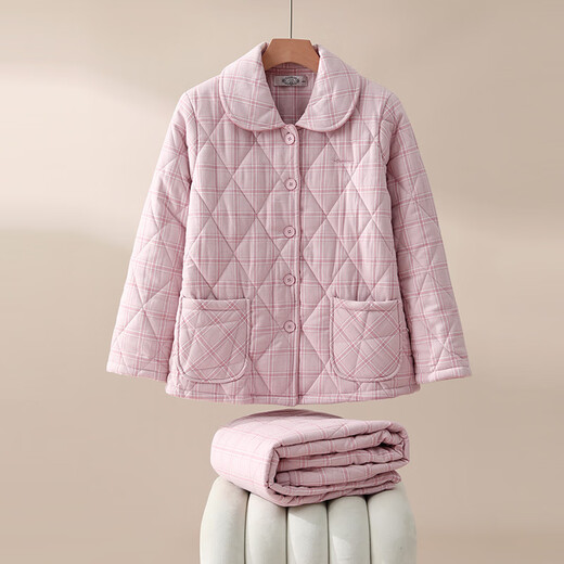 American Standard's new couple's three-layer quilted thermal pajamas for women winter all-cotton quilted padded clothes plaid can be worn outside home clothes for men Taro powder XL