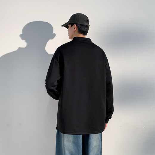 Homlean American retro long-sleeved T-shirt men's autumn Henry collar loose casual sweatshirt bottoming shirt HM07 black 2XL