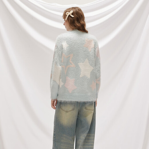 UNIFREE thickened mohair pullover sweater female star jacquard contrast soft waxy lazy loose top blue one size