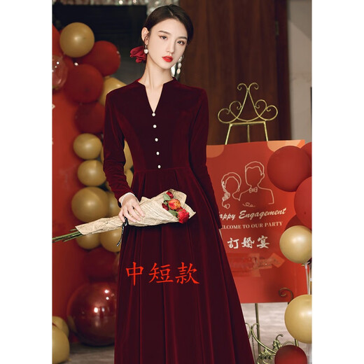 Midi tie door-to-door toasting dress brides can usually wear large sizes for tall pregnant women, fat sisters, stand-up collars, fat mm plus fat 200, burgundy short style, dress length, shoulder to skirt 116 L (110 Jin Jin is equal to 0.5 kg -118 Jin Jin is equal to 0.5 kg)