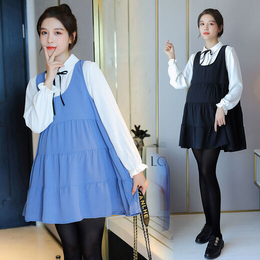 Little Squirrel of Wei Love, Maternity Women's Autumn Dress, Spring and Autumn Tops, Set de estilo de sabor pequeño de dos piezas de dos piezas, 9856 Vestido negro Estilo de verano (Single) M Recomendado 115Jin [Jin iguala 0.5 kg] o menos